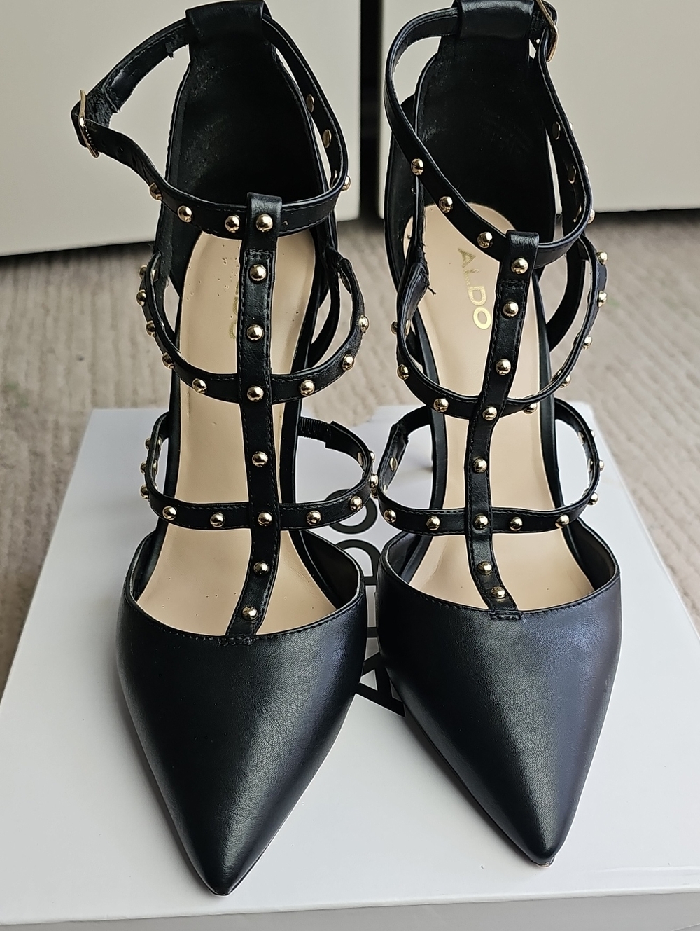 ALDO Black Studded T-Strap Pointed Toe Heels